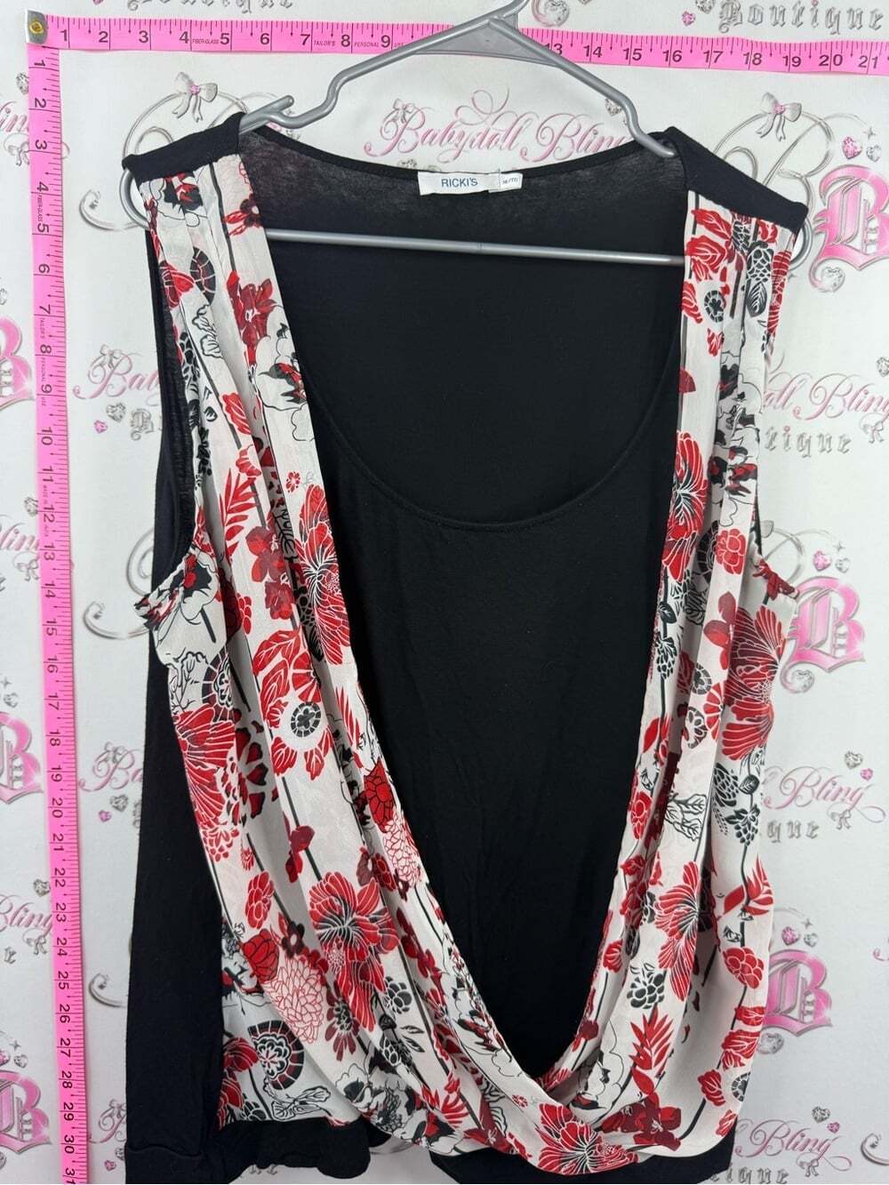 Ricki's Black Tank with Red and White Floral Draped Front